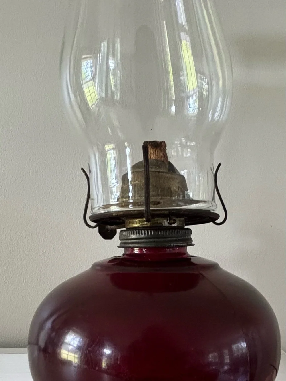 Vintage Red Glass Oil Lamp with Clear Chimney